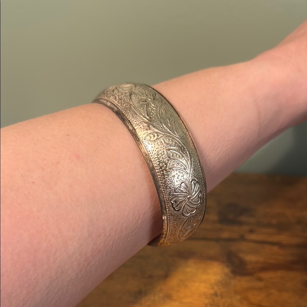 Vintage Silver Bangle Bracelet, Floral Engraving, Metal, Retro, Boho